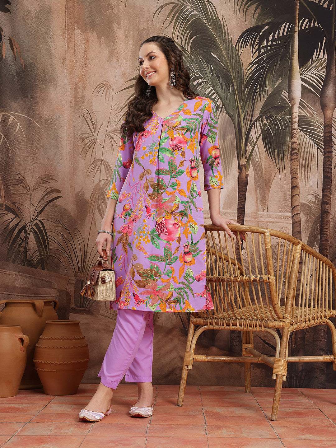 Floral Print Pleated Kurta with Trousers