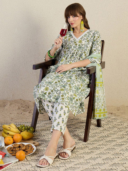 Floral Printed V-Neck Pleated Pure Cotton A-Line Kurta & Trousers With Dupatta