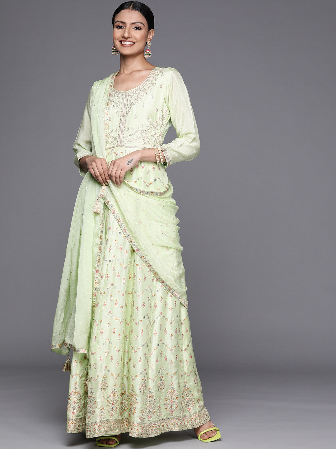 Womens Green Embroidered Anarkali Kurta With Churidar & Dupatta