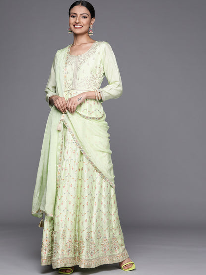 Womens Green Embroidered Anarkali Kurta With Churidar & Dupatta
