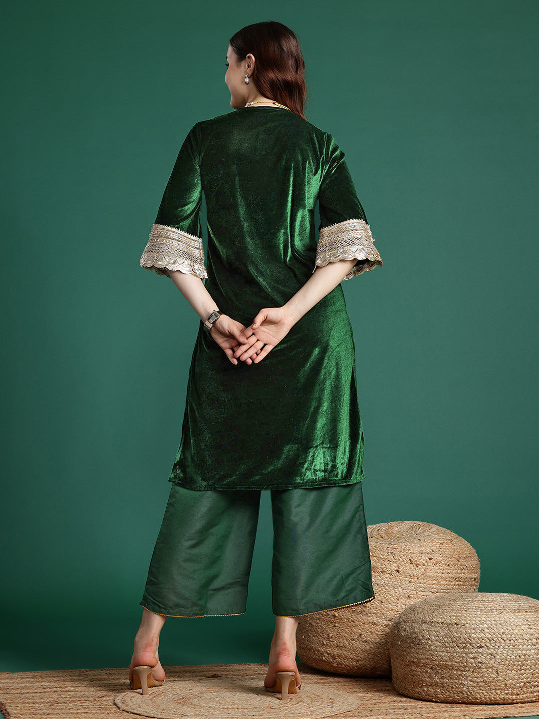Velvet Finish Embroidered Kurta Set