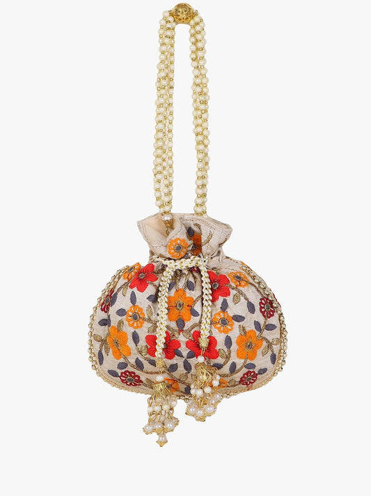 Dhiyona NR Girls Cream-Coloured & White Embroidered Tasselled Potli Clutch