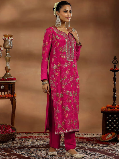 Dhiyona LL Women Floral Printed Regular Sequinned Silk Chiffon Kurta with Palazzos & With Dupatta