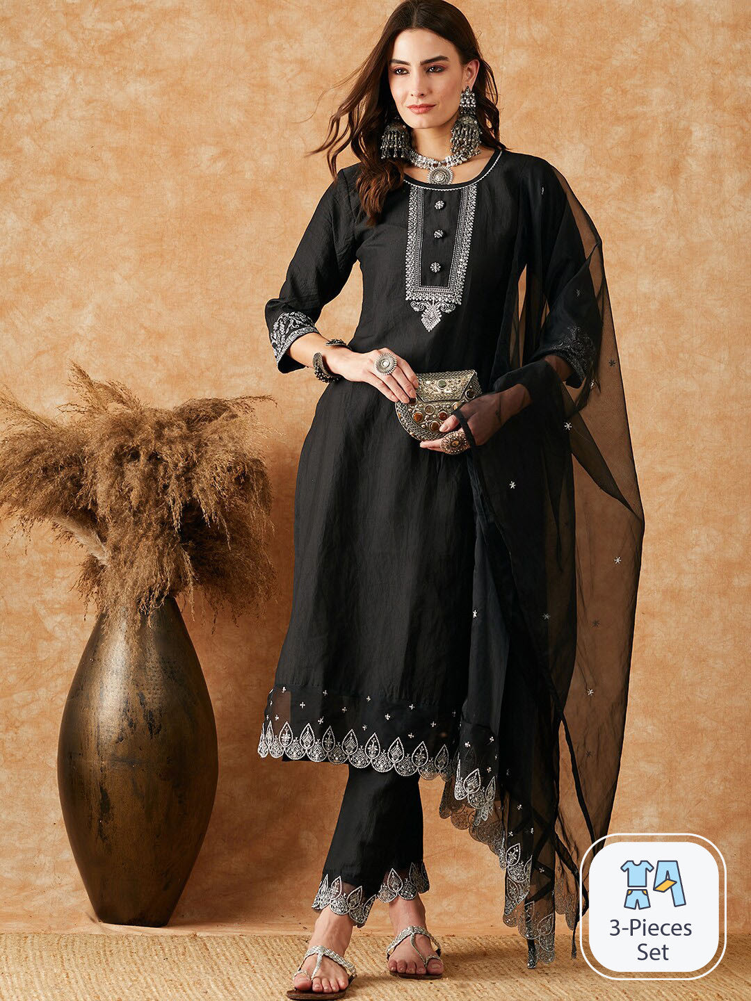 Embroidered Straight Kurta With Trouser & Dupatta