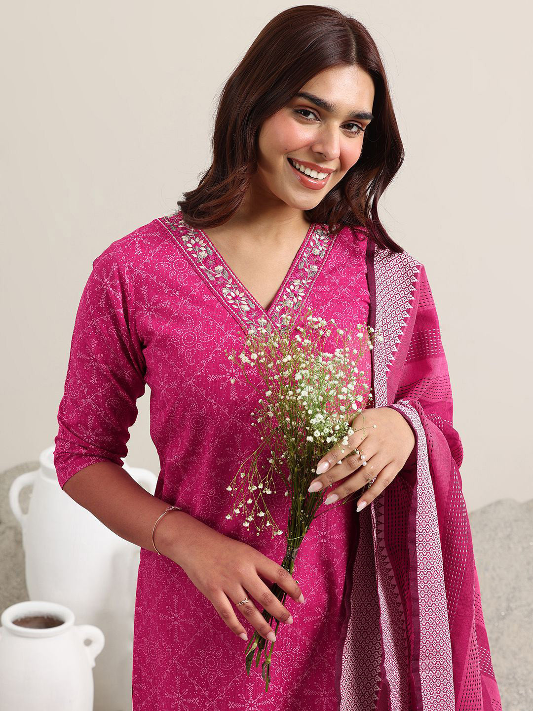 Ethnic Motifs Printed V-Neck Thread Work Straight Kurta With Trousers & Dupatta