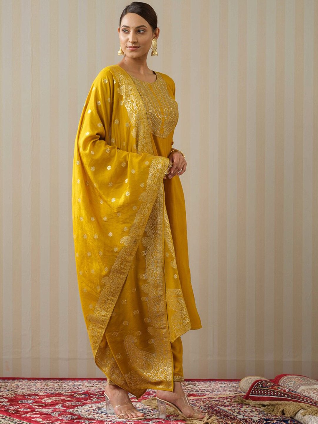 Dhiyona OD  Yellow Ethnic Motifs Straight Kurta & Trousers With Dupatta