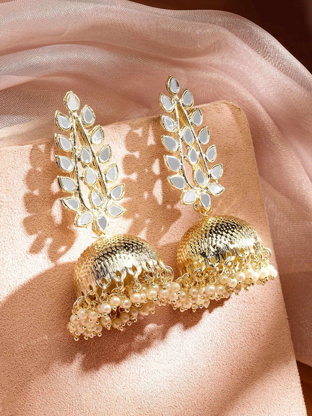 Dhiyona RJ Women's 18K Gold Plated Mirror Studded & Pearl Beaded Jhumkas Earrings