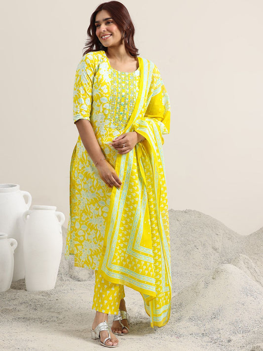 Floral Printed Pure Cotton Straight Kurta with Trousers & Dupatta