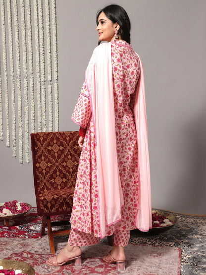Dhiyona VA Women'sFloral Printed Pure Cotton A-Line Kurta With Trousers & Dupatta