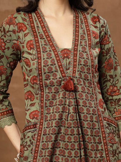 Printed Pure Cotton V-Neck Kurta & Palazzos With Dupatta
