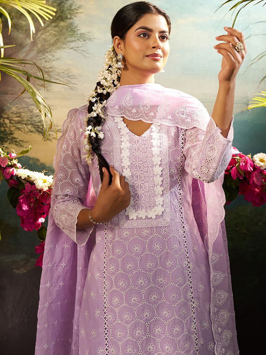 Dhiyona IE Women Ethnic Motifs Embroidered Cotton Kurta with Trousers & Dupatta