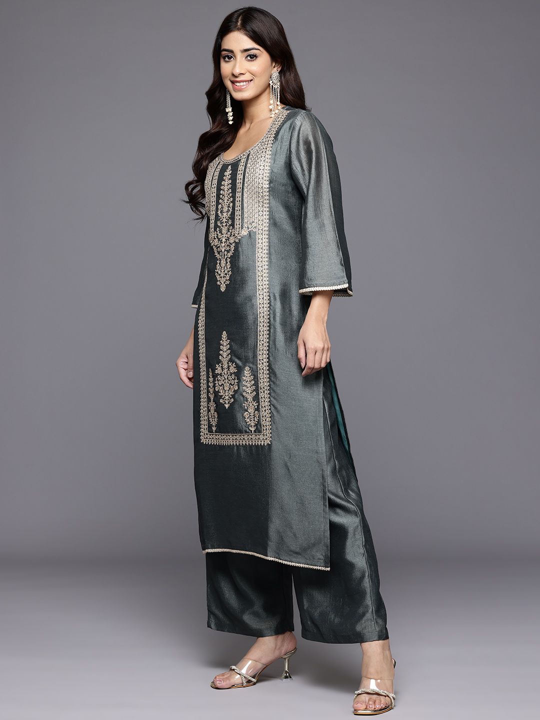Dhiyona VA Ethnic Motifs Embroidered Zari Kurta With Palazzos & Dupatta