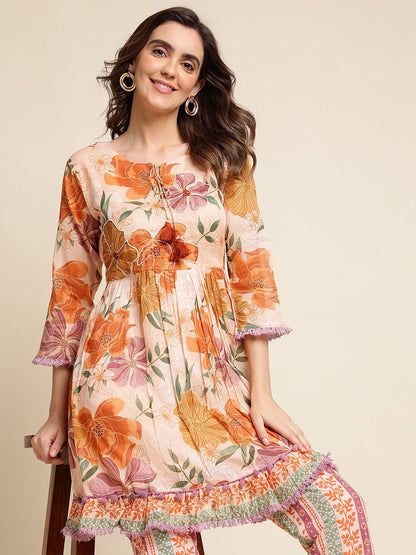 Dhiyona IS Women's Peach Floral Printed Pure Cotton Empire Kurta With Trousers