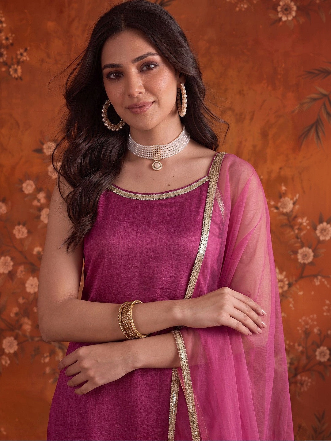 Silk Blend Round Neck Kurta & Trousers With Dupatta