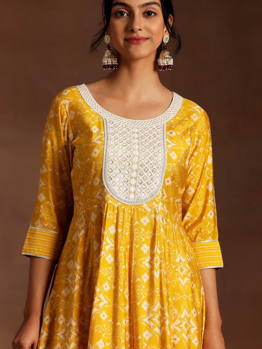 Womens Mustard Printed Anarkali Kurta With Churidar & Dupatta
