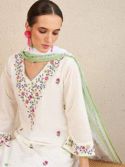 Women's Floral Embroidered Pure Cotton Kurta With Trousers & Dupatta