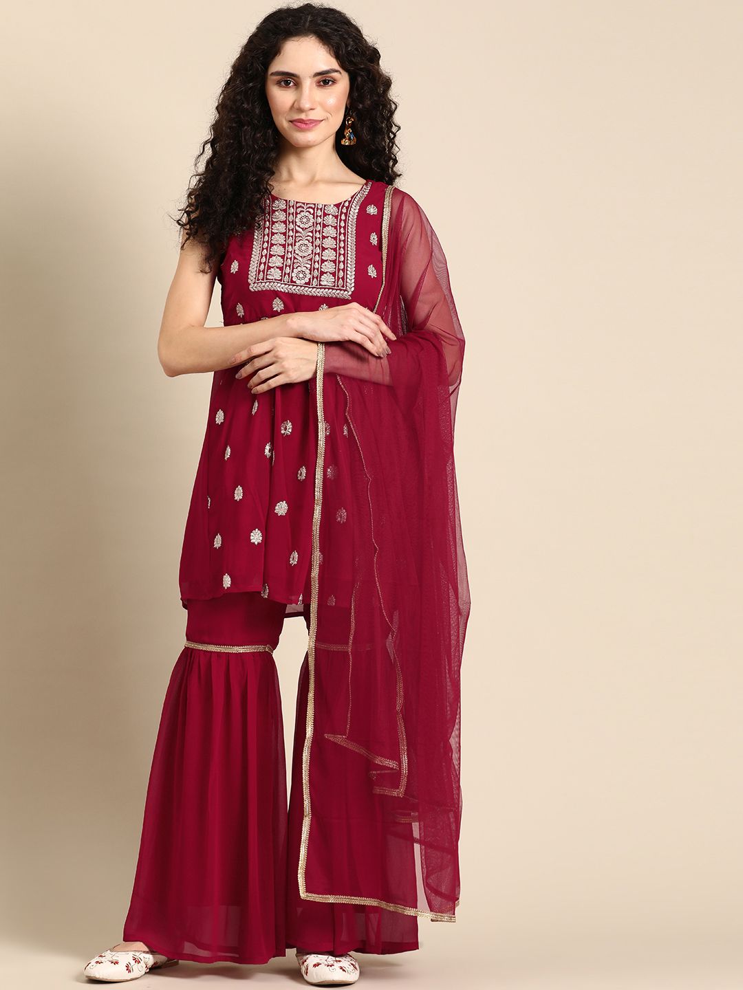 Dhiyona AN Women Ethnic Motifs Yoke Design Pleated Kurta with Sharara & With Dupatta
