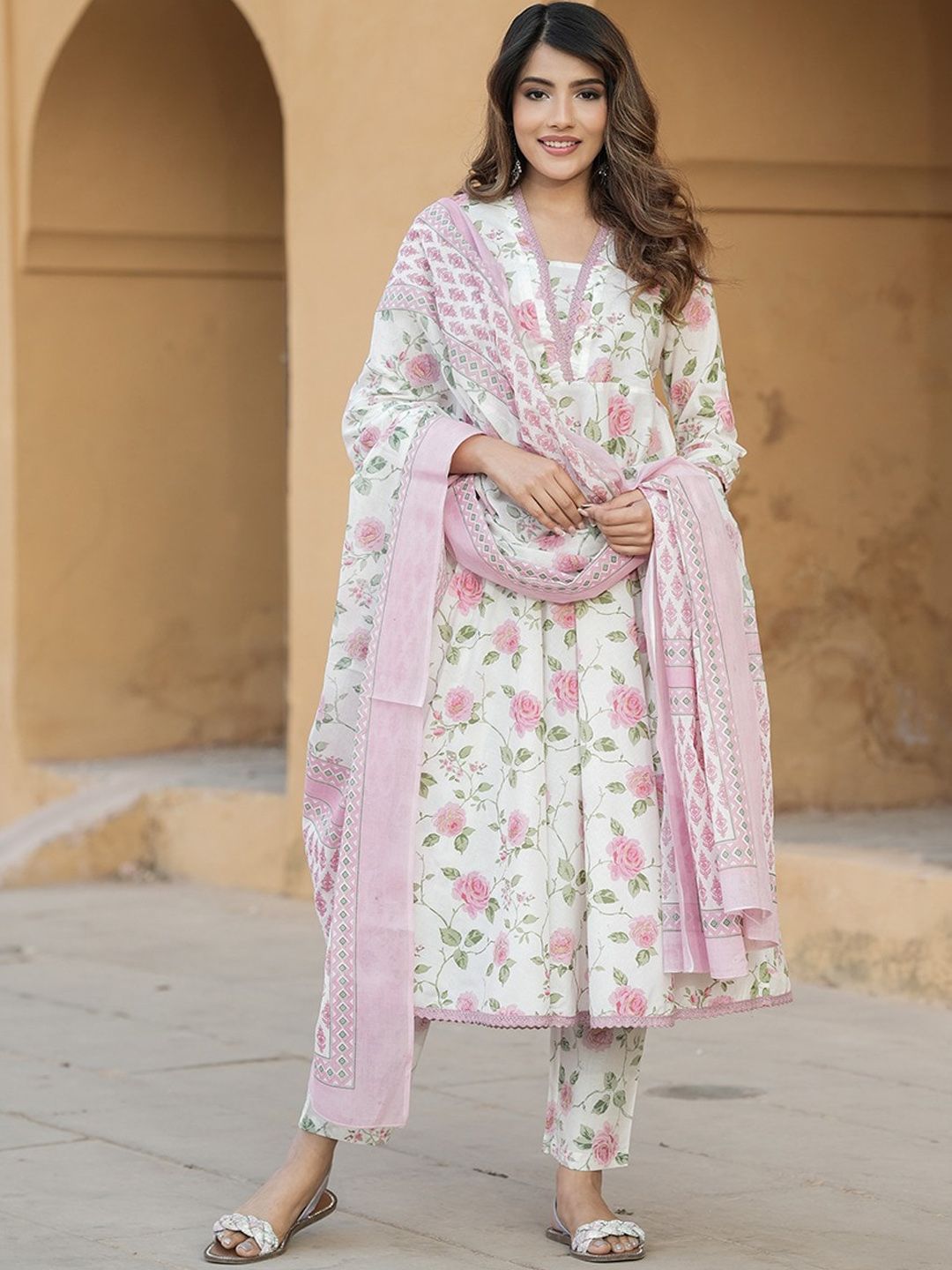 Dhiyona KL V Neck Floral Printed Cotton Anarkali Kurta with Trouser & Dupatta