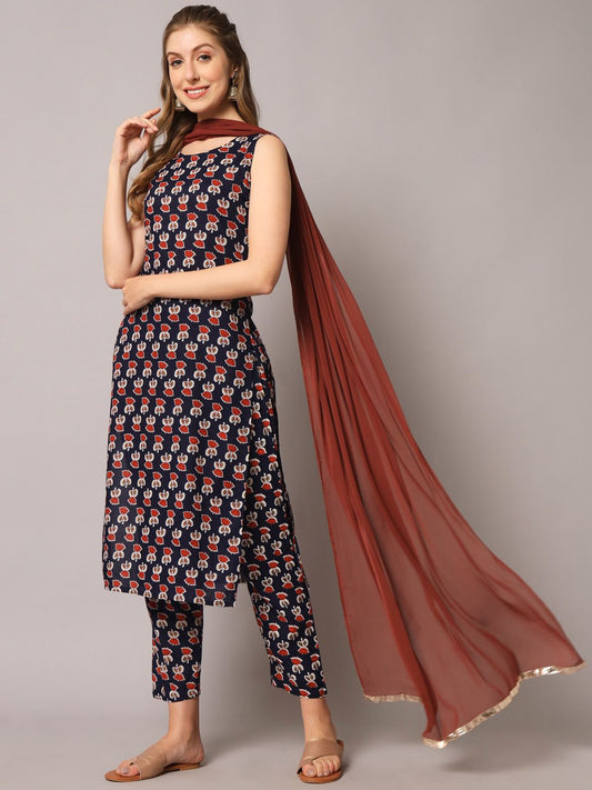 Dhiyona KL Floral Printed Round Neck Gotta Patti Straight Kurta With Trousers & Dupatta