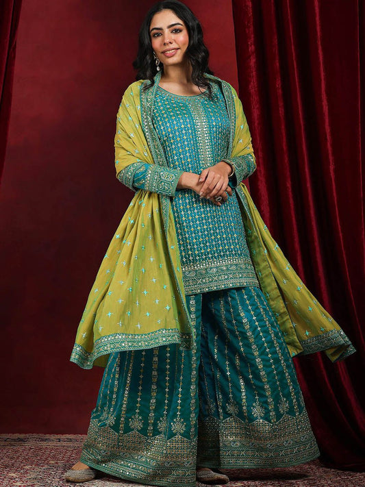 Dhiyona LL Sequinnce Embellished Round Neck Kurta with Palazzos & Dupatta
