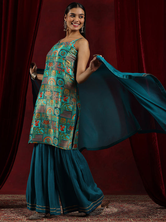 Ethnic Motifs Printed Beads and Stones Straight Kurta With Sharara & Dupatta