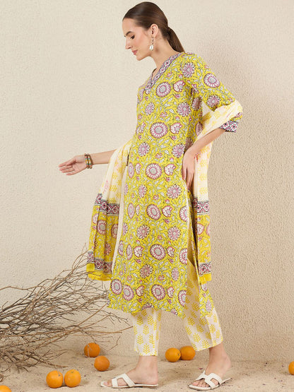 Floral Printed Pure Cotton V-Neck Straight Kurta with Trousers and Dupatta