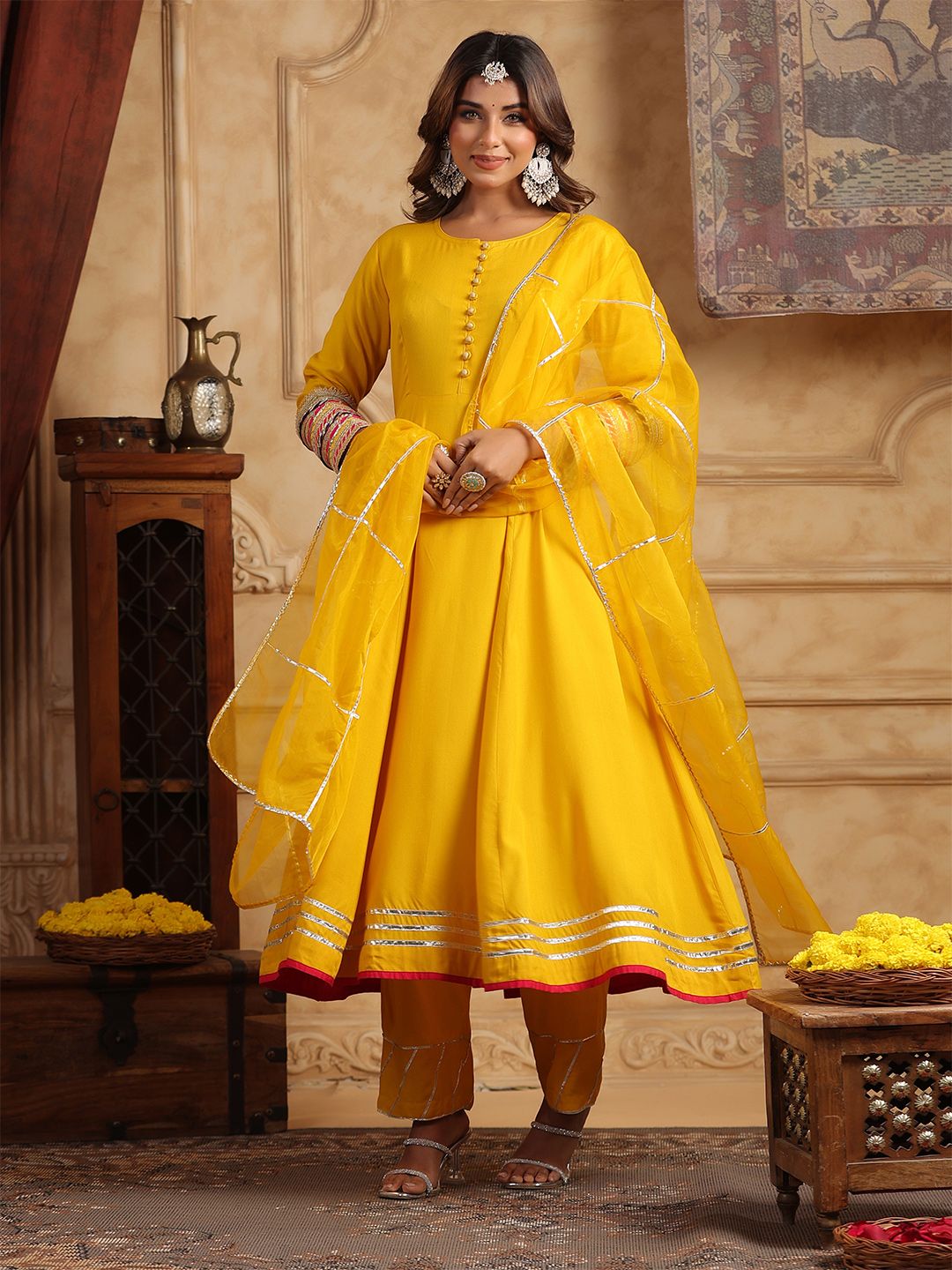 Dhiyona RR Women's Regular Gotta Patti Anarkali Kurta With Trousers & Dupatta