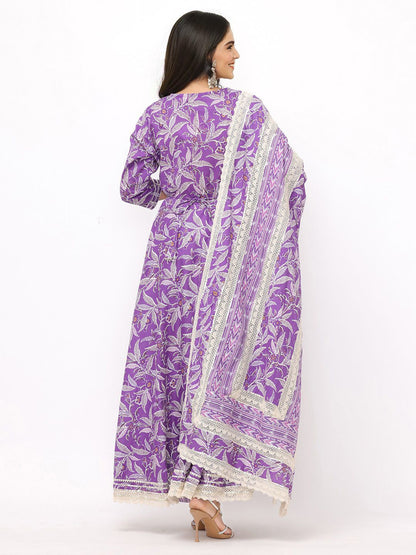 Dhiyona IS Women's Floral Printed Angrakha Thread Work Pure Cotton Kurta with Trousers & Dupatta