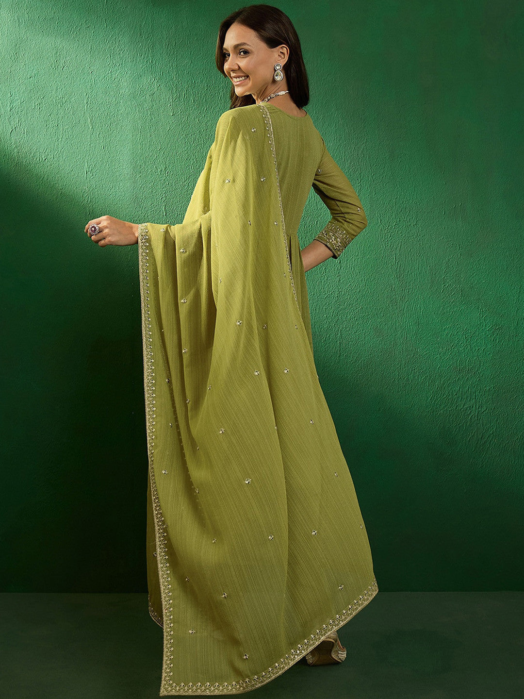 Floral Embroidered Alia Cut Kurta With Trouser & Dupatta