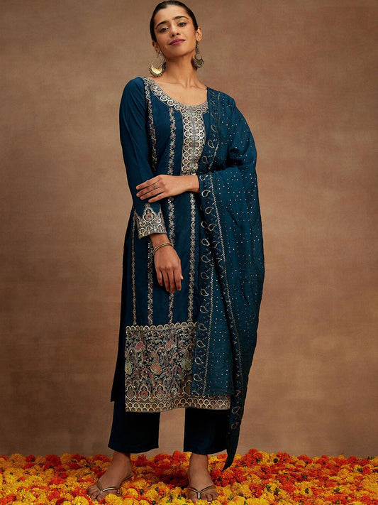 Floral Embroidered Straight Kurta with Trousers & With Dupatta