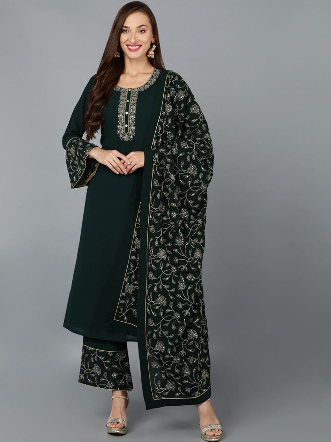 Dhiyona KL Floral Embroidered Round Neck Straight Kurta with Palazzos & Dupatta