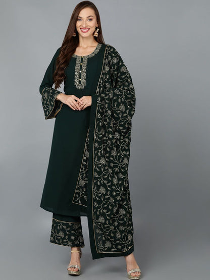 Dhiyona KL Floral Embroidered Round Neck Straight Kurta with Palazzos & Dupatta