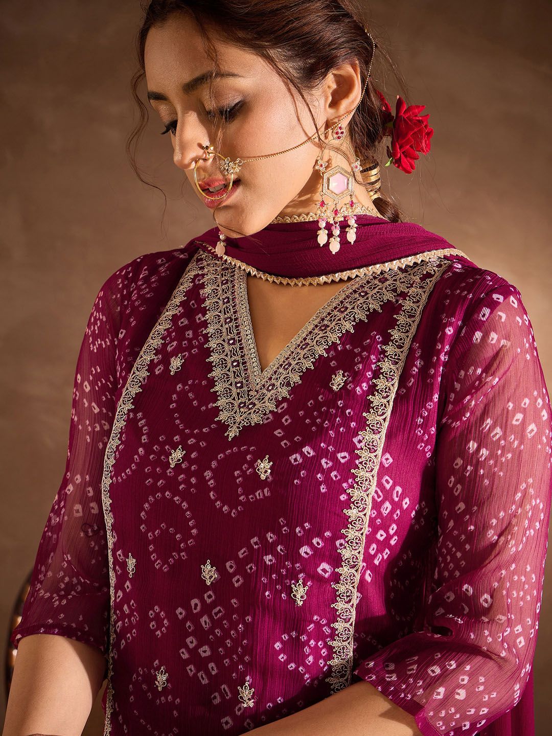 Dhiyona IE Bandhani Printed V-Neck Zari Silk Chiffon Straight Kurta With Trousers & Dupatta