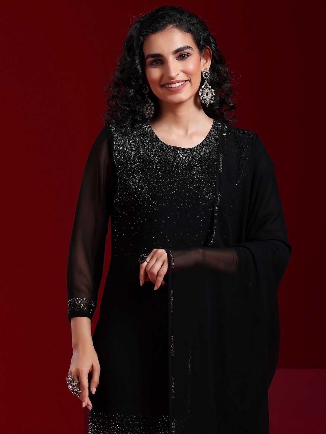 Dhiyona LL Regular Beads and Stones Kurta with Palazzos & Dupatta