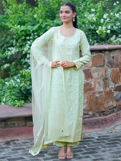 Women's LB Art Sea Green Embroidered Silk Blend Straight Suit With Dupatta