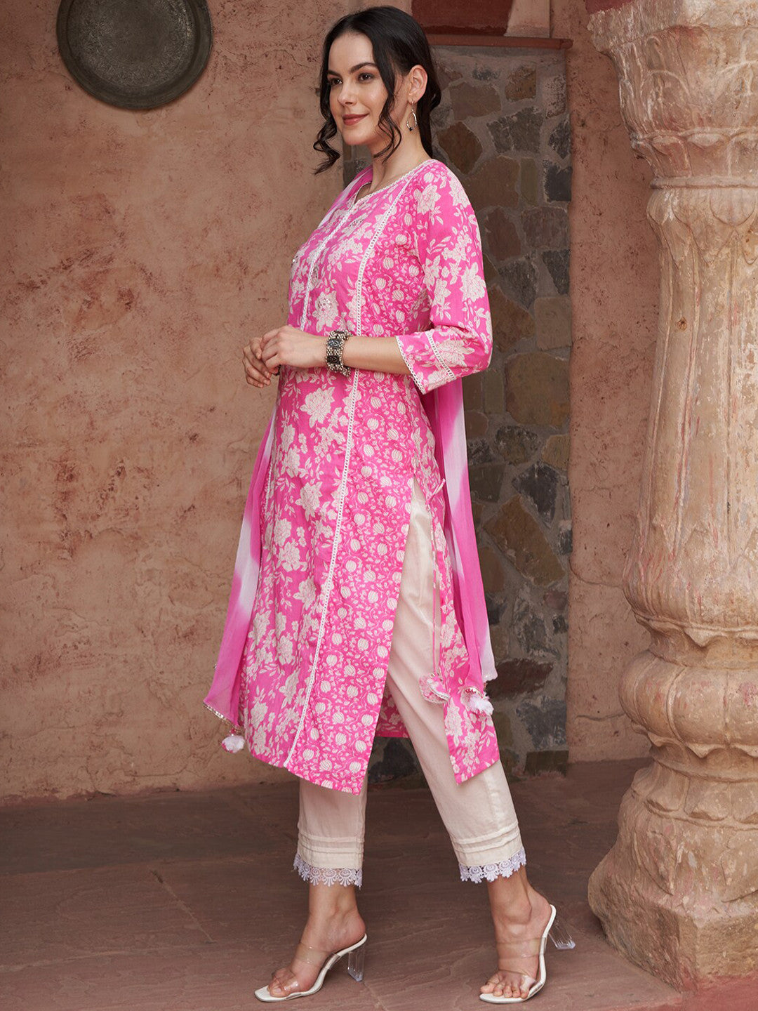 Floral Printed Pure-Cotton Kurta With Trouser & Dupatta