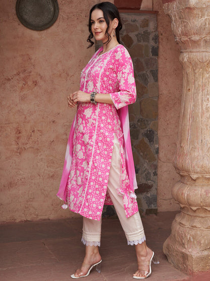 Floral Printed Pure-Cotton Kurta With Trouser & Dupatta