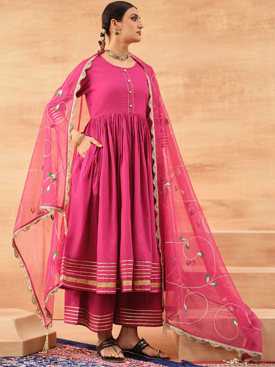 Dhiyona IS Women's Floral Printed Gotta Patti High Slit Pure Cotton Kurta With Trousers & Dupatta