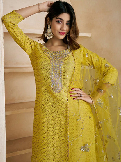 Dhiyona IN Mustard Gotta Patti Straight Kurta & Sharara With Dupatta