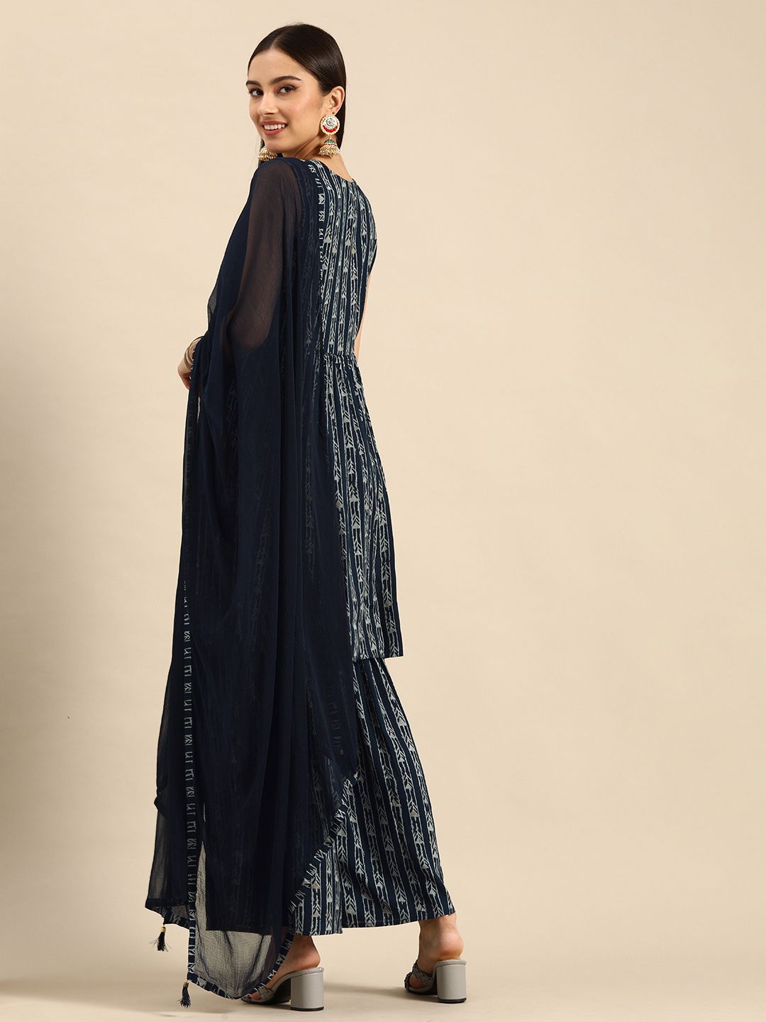 Dhiyona AN Women Navy Blue Ethnic Motifs Printed Sequinned Kurta with Sharara & Dupatta