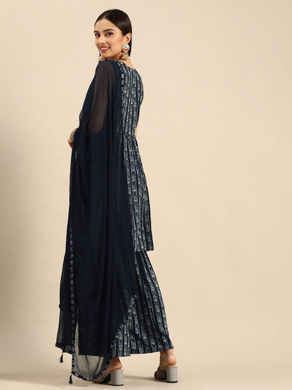 Dhiyona AN Women Navy Blue Ethnic Motifs Printed Sequinned Kurta with Sharara & Dupatta
