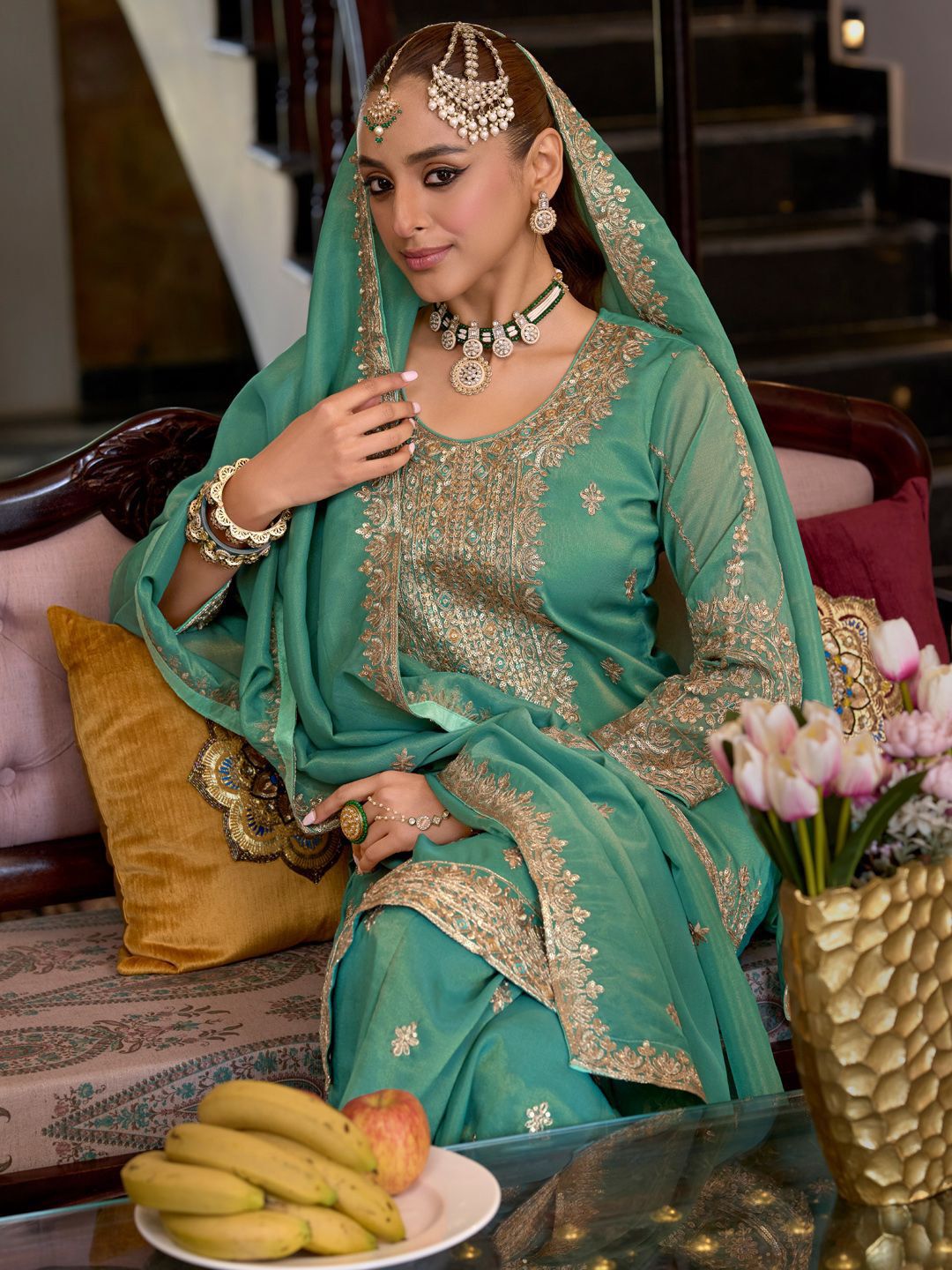 Dhiyona IE Ethnic Motifs Embroidered Sequinned Straight Kurta Palazzos With Dupatta