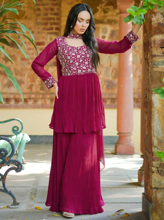 Women's LB Art Pink Embroidered Georgette A-Line Kurta With Sharara & Dupatta