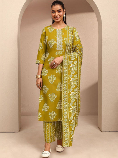 Women Floral Printed Regular Thread Work Kurta with Trousers & With Dupatta