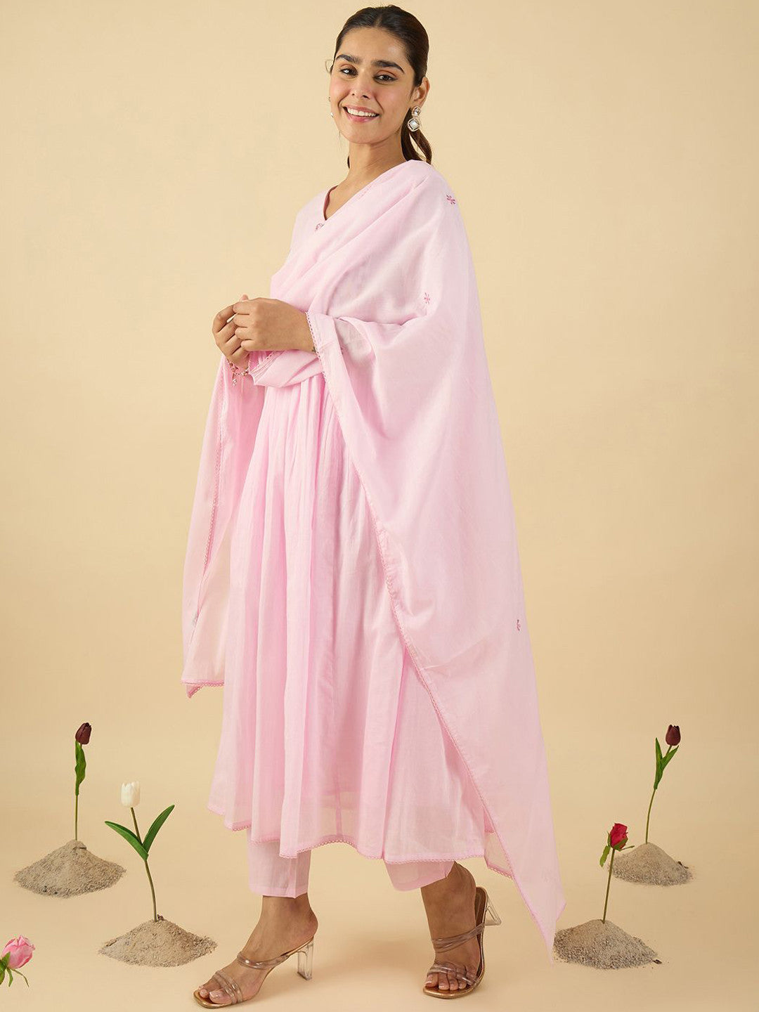Floral Embroidered V Neck A Line Pure Cotton Kurta With Trousers & Dupatta