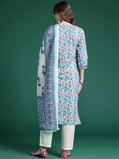 Floral Printed Regular Pure Cotton Kurta with Trousers & Dupatta