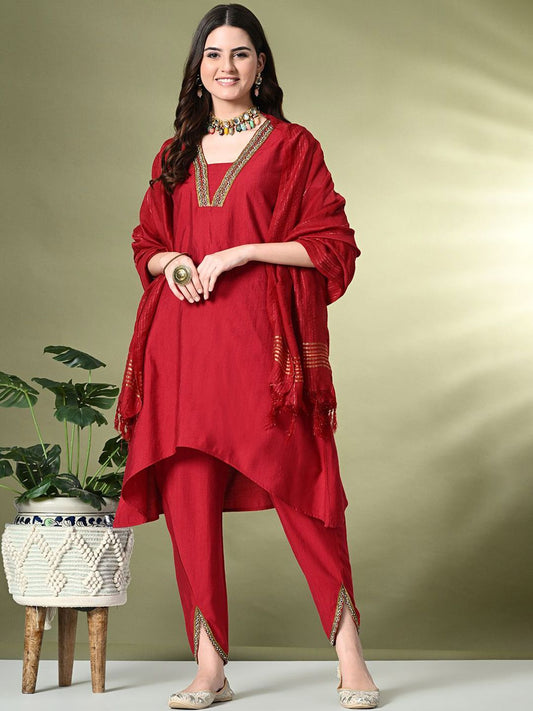 Dhiyona SN Women's Square Neck Flared Sleeves High-Low A-Line Kurta With Dhoti Pant & Dupatta