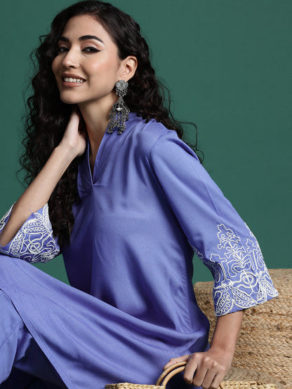 Thread-Work Shawl Collar Kurta with Trousers