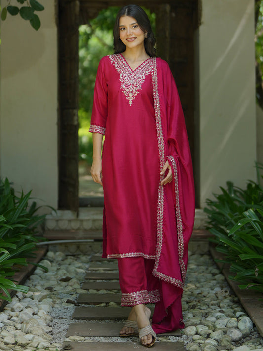 Floral Yoke Design Zari Work Dobby Weave Straight Kurta With Trouser & Dupatta