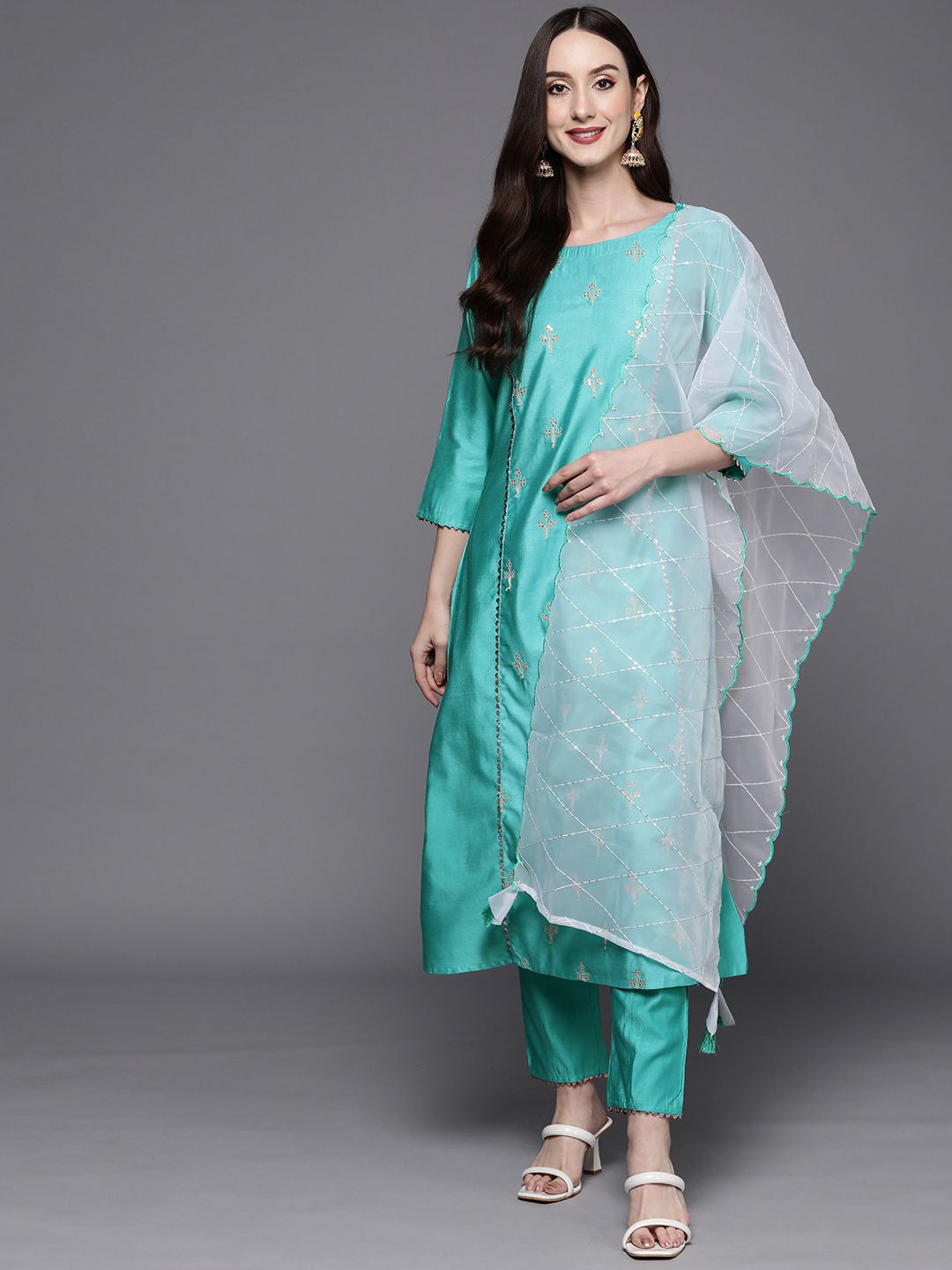 Dhiyona IE Women Sea Green Floral Embroidered Sequinned Liva Kurta with Trousers & Dupatta